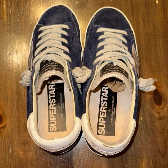 Golden Goose Navy Suede 36 EUC Blue Suede Sneakers with Silver Star White trim - Picture 8 of 9